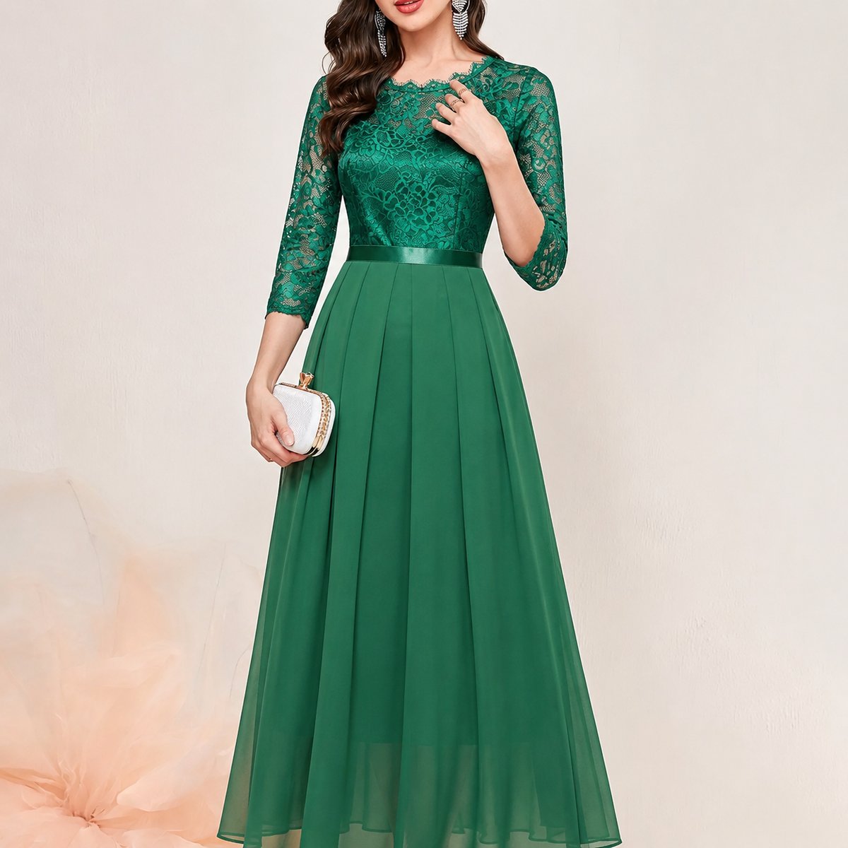 Women's Lace Bodice Pleated Maxi Formal Dresses 3/4 Sleeve - Side Angle | Lavisa