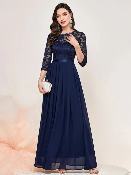 Lavisa - Women's Lace Bodice Pleated Maxi Formal Dresses 3/4 Sleeve