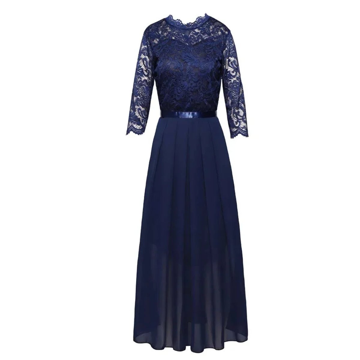 Women's Lace Bodice Pleated Maxi Formal Dresses 3/4 Sleeve - Back View | Lavisa