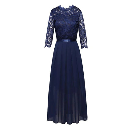 Women's Lace Bodice Pleated Maxi Formal Dresses 3/4 Sleeve - Back View | Lavisa