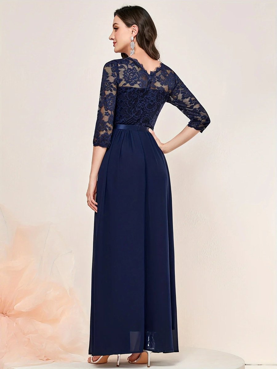 Women's Lace Bodice Pleated Maxi Formal Dresses 3/4 Sleeve - Close-Up Texture & Detail | Lavisa