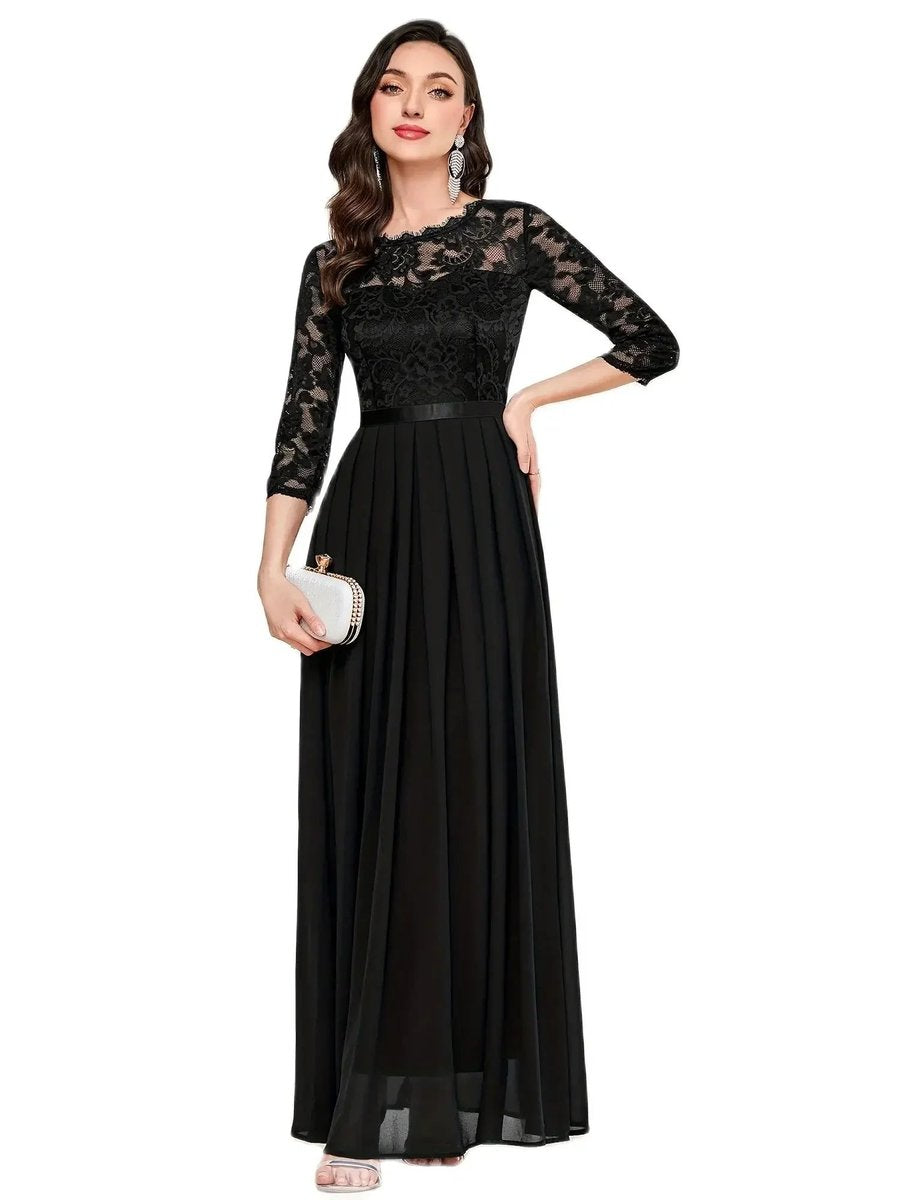 Women's Lace Bodice Pleated Maxi Formal Dresses 3/4 Sleeve - Sole & Material View | Lavisa