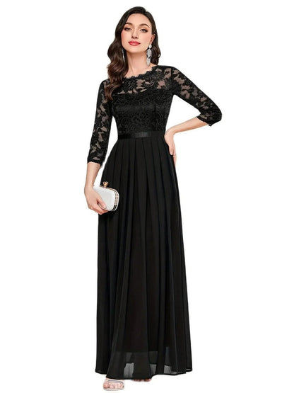 Women's Lace Bodice Pleated Maxi Formal Dresses 3/4 Sleeve - Sole & Material View | Lavisa