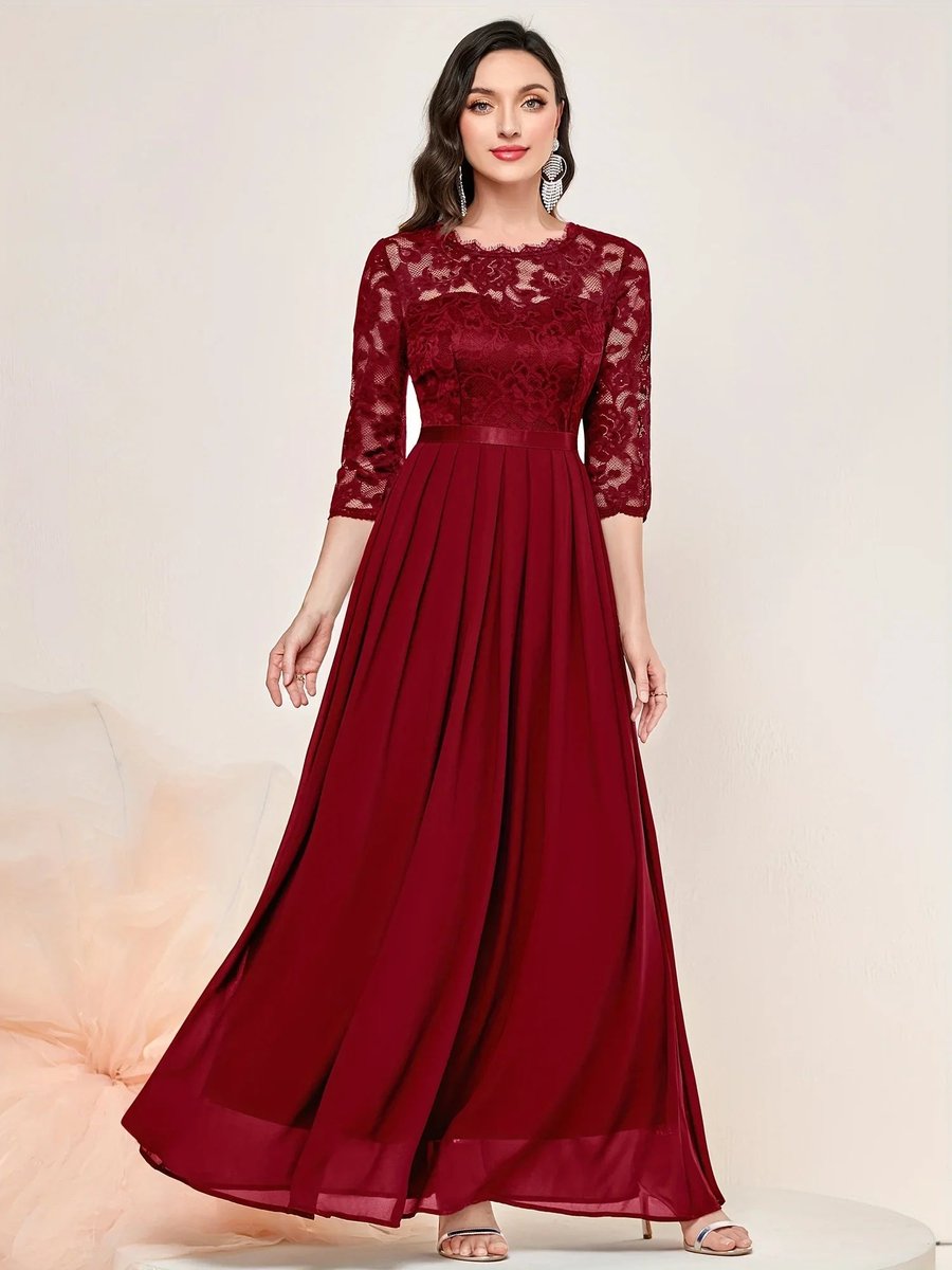 Women's Lace Bodice Pleated Maxi Formal Dresses 3/4 Sleeve - Lifestyle & Model Angle | Lavisa