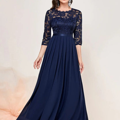 Women's Lace Bodice Pleated Maxi Formal Dresses 3/4 Sleeve - Variant Angle | Lavisa