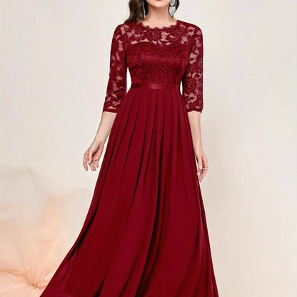Women's Lace Bodice Pleated Maxi Formal Dresses 3/4 Sleeve - Variant Style 9 | Lavisa