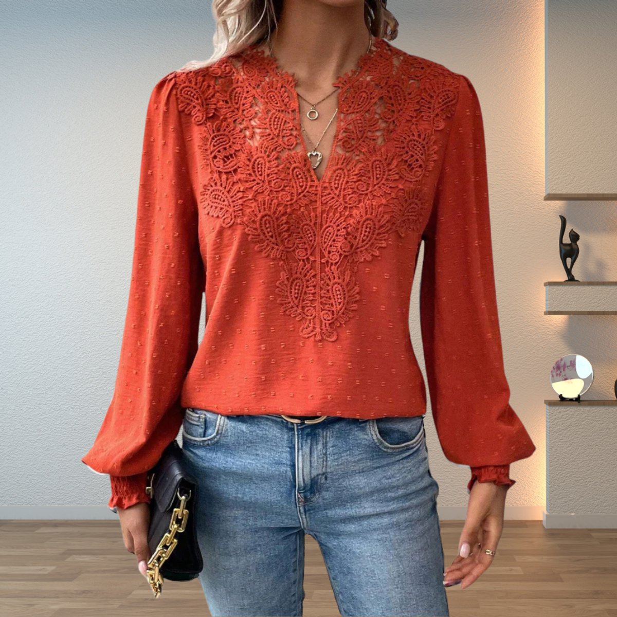 Lavisa - Women's Lace Bodice V-Neck Long Sleeve Blouse