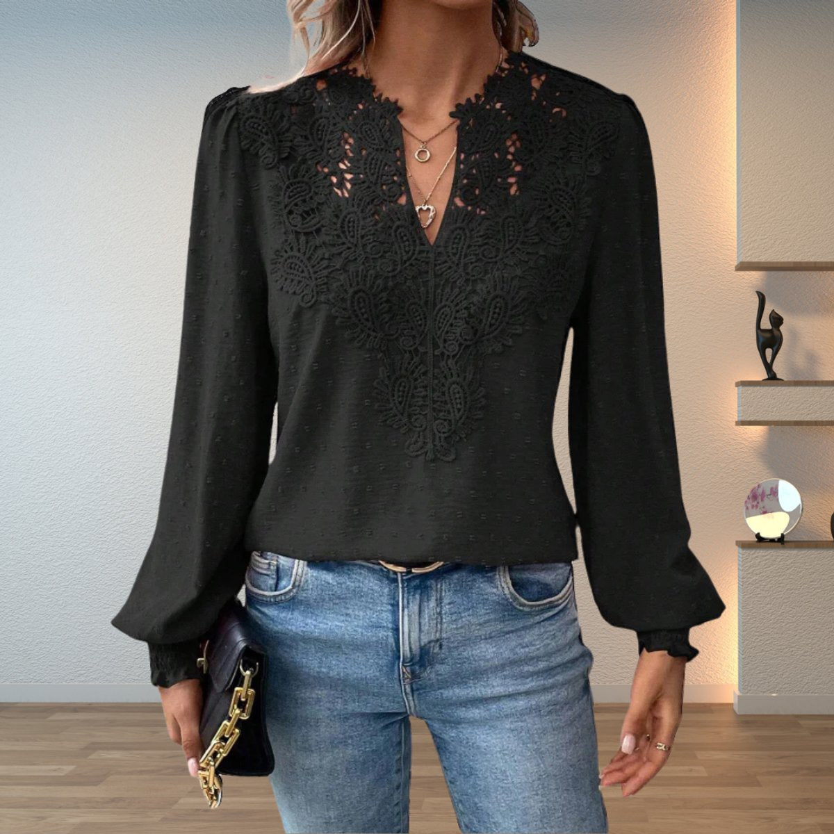 Lavisa - Women's Lace Bodice V-Neck Long Sleeve Blouse