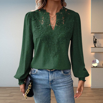 Lavisa - Women's Lace Bodice V-Neck Long Sleeve Blouse