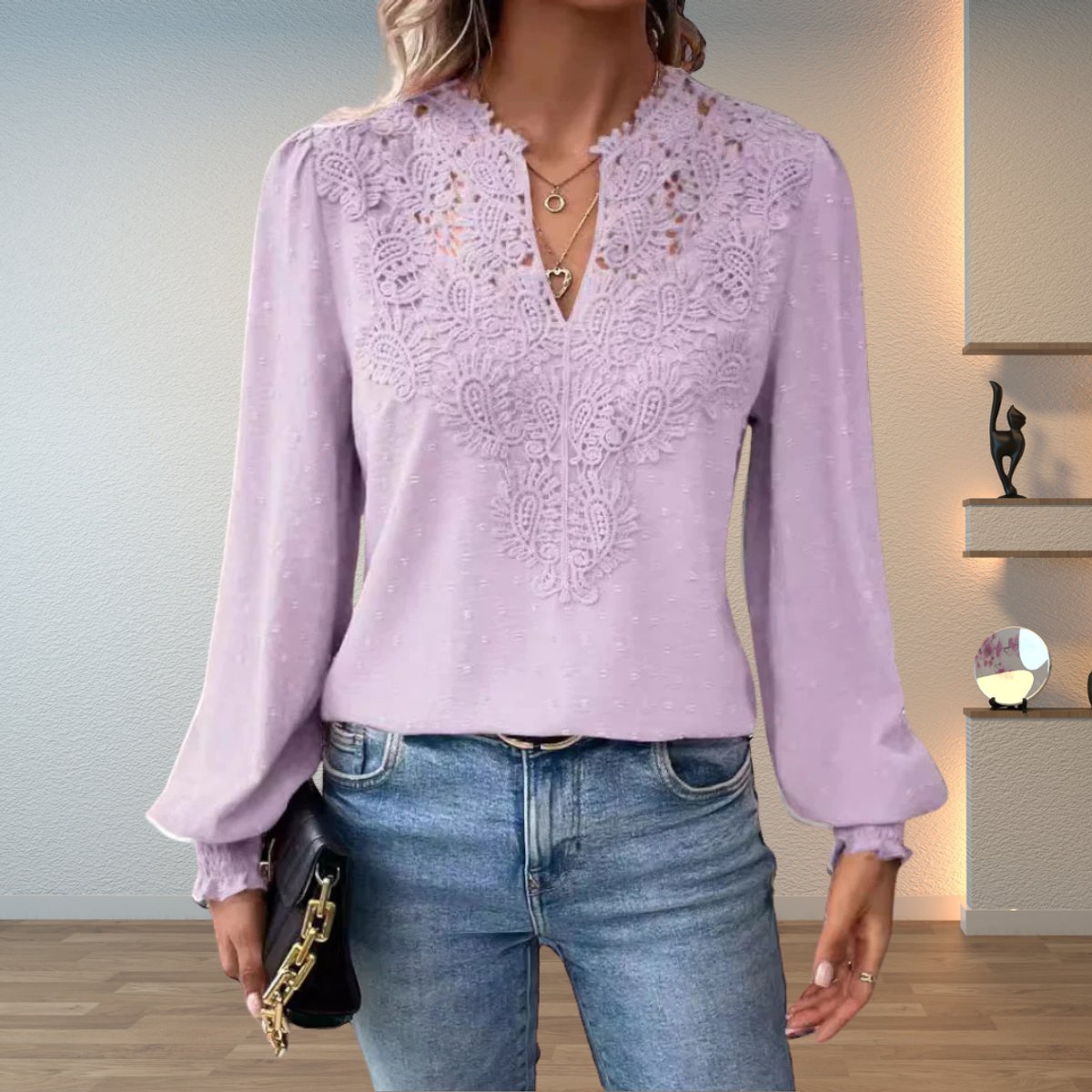 Lavisa - Women's Lace Bodice V-Neck Long Sleeve Blouse