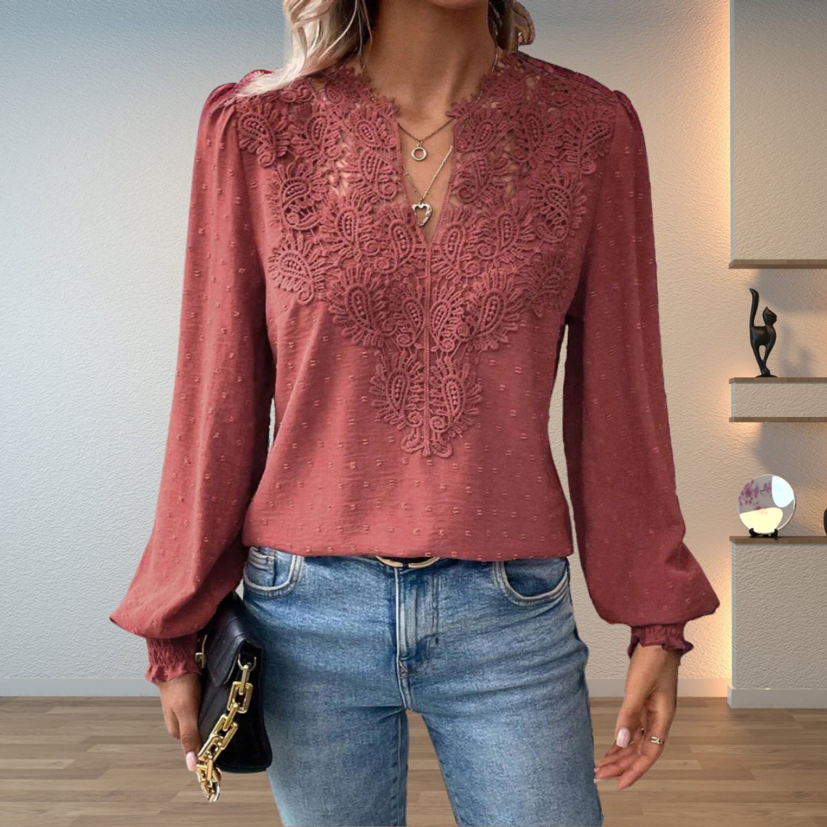 Lavisa - Women's Lace Bodice V-Neck Long Sleeve Blouse