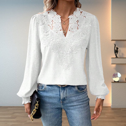 Lavisa - Women's Lace Bodice V-Neck Long Sleeve Blouse