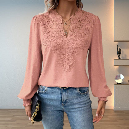 Lavisa - Women's Lace Bodice V-Neck Long Sleeve Blouse