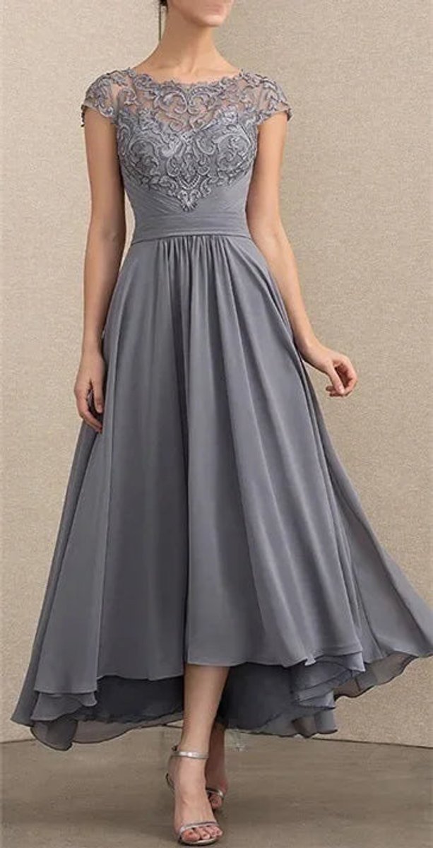 Women's Lace Chiffon Cap-Sleeve Formal Dresses Maxi A-Line - Side Angle | Lavisa