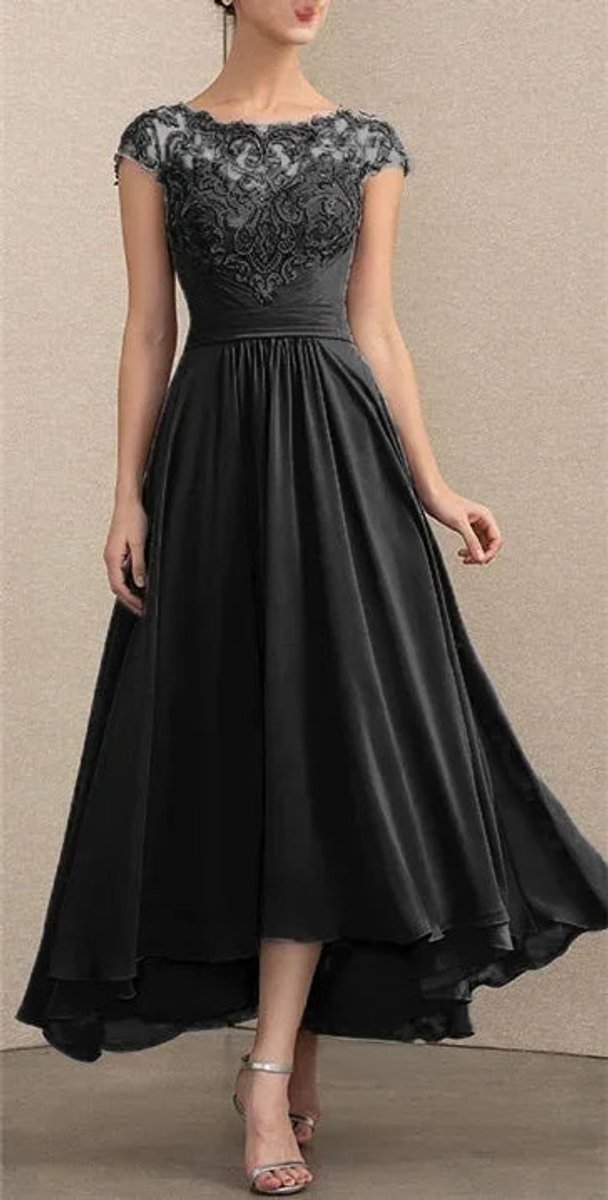 Women's Lace Chiffon Cap-Sleeve Formal Dresses Maxi A-Line - Back View | Lavisa