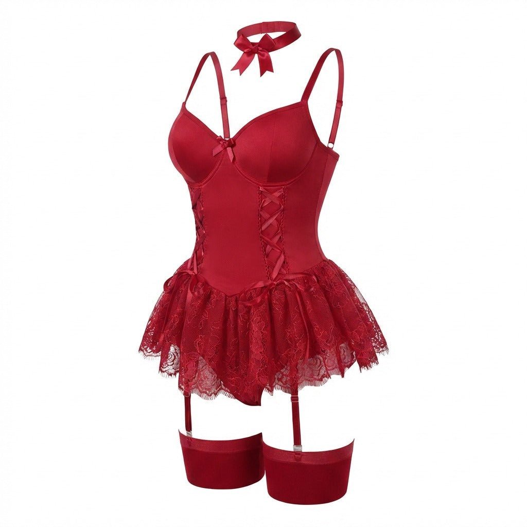 Lavisa - Women's Lace Ruffle Corset Bustier with Garter Straps