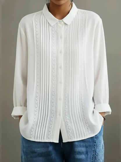Women's Lace Trim Pleated Front Button-Up Long Sleeve Blouse - Front View | Lavisa