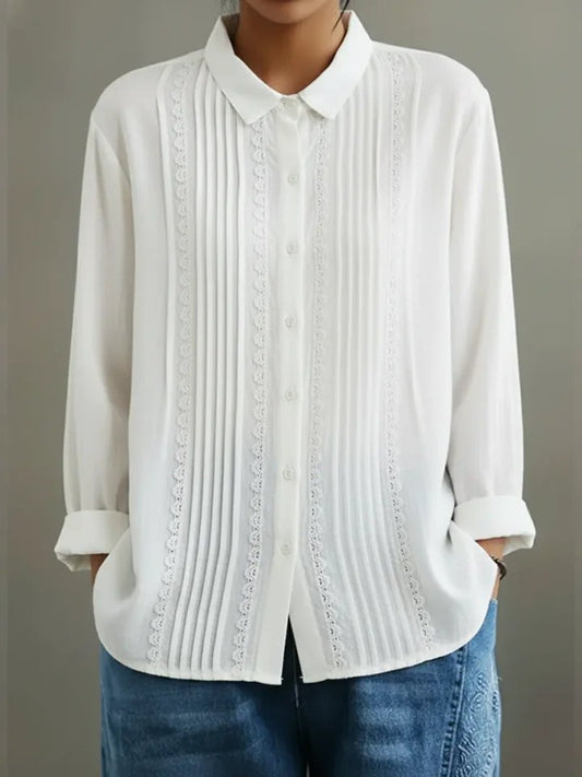 Lavisa - Women's Lace Trim Pleated Front Button-Up Long Sleeve Blouse
