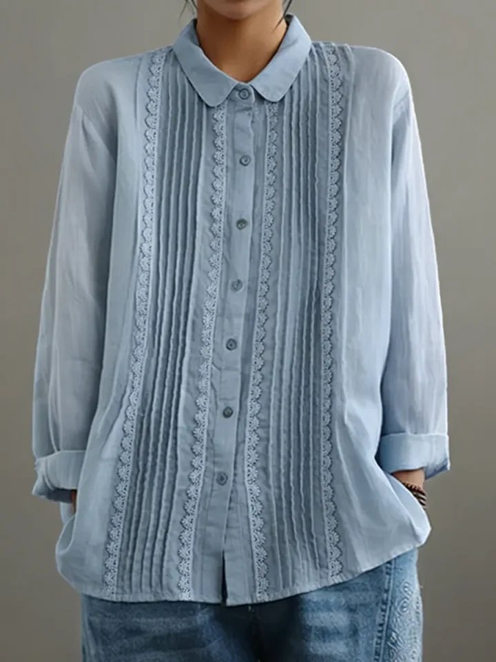 Women's Lace Trim Pleated Front Button-Up Long Sleeve Blouse - Side Angle | Lavisa
