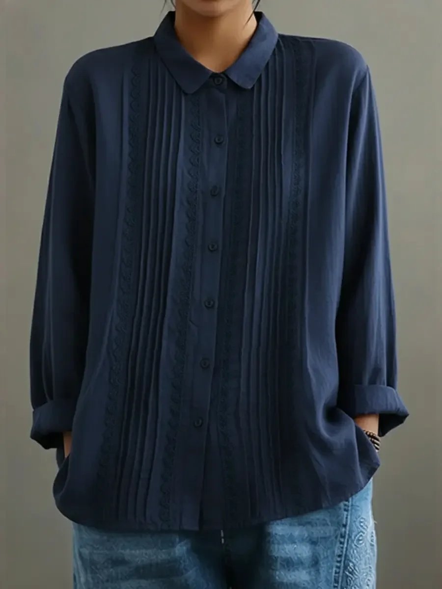 Women's Lace Trim Pleated Front Button-Up Long Sleeve Blouse - Back View | Lavisa