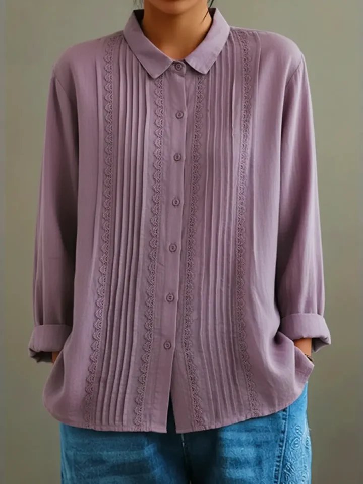 Women's Lace Trim Pleated Front Button-Up Long Sleeve Blouse - Close-Up Texture & Detail | Lavisa