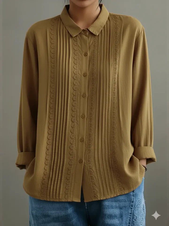 Women's Lace Trim Pleated Front Button-Up Long Sleeve Blouse - Sole & Material View | Lavisa