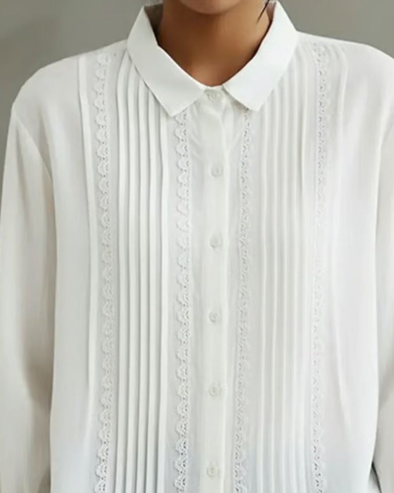 Women's Lace Trim Pleated Front Button-Up Long Sleeve Blouse - Lifestyle & Model Angle | Lavisa