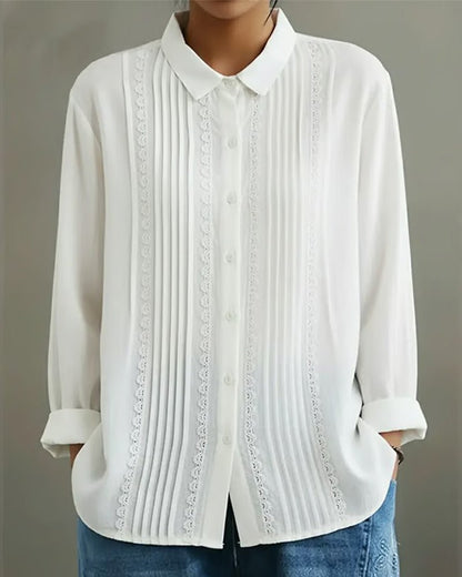 Women's Lace Trim Pleated Front Button-Up Long Sleeve Blouse - Variant Angle | Lavisa