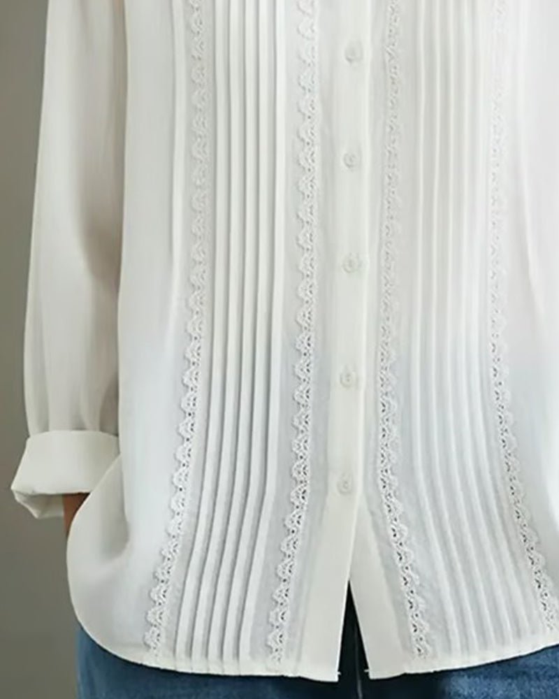 Women's Lace Trim Pleated Front Button-Up Long Sleeve Blouse - Variant Style 8 | Lavisa
