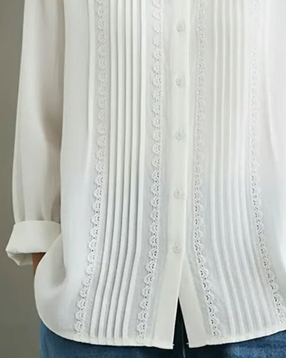Women's Lace Trim Pleated Front Button-Up Long Sleeve Blouse - Variant Style 8 | Lavisa