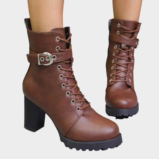 Lavisa - Womens Lace Up Block Heel Combat Ankle Boots Buckle Strap Shoes