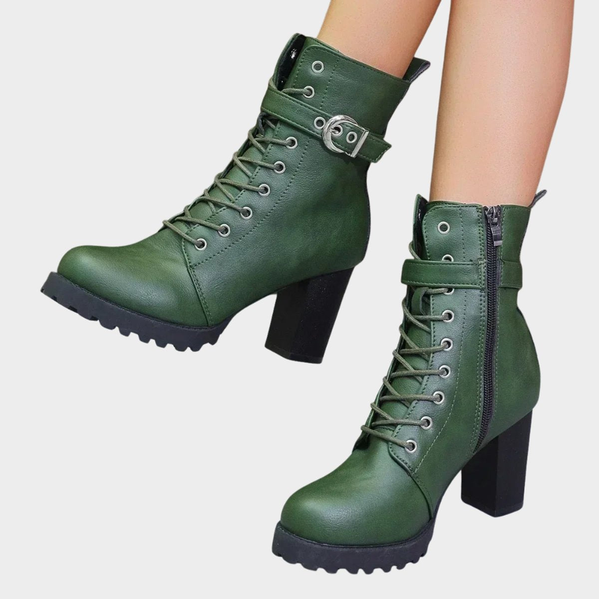 Womens Lace Up Block Heel Combat Ankle Boots Buckle Strap Shoes - Side Angle | Lavisa