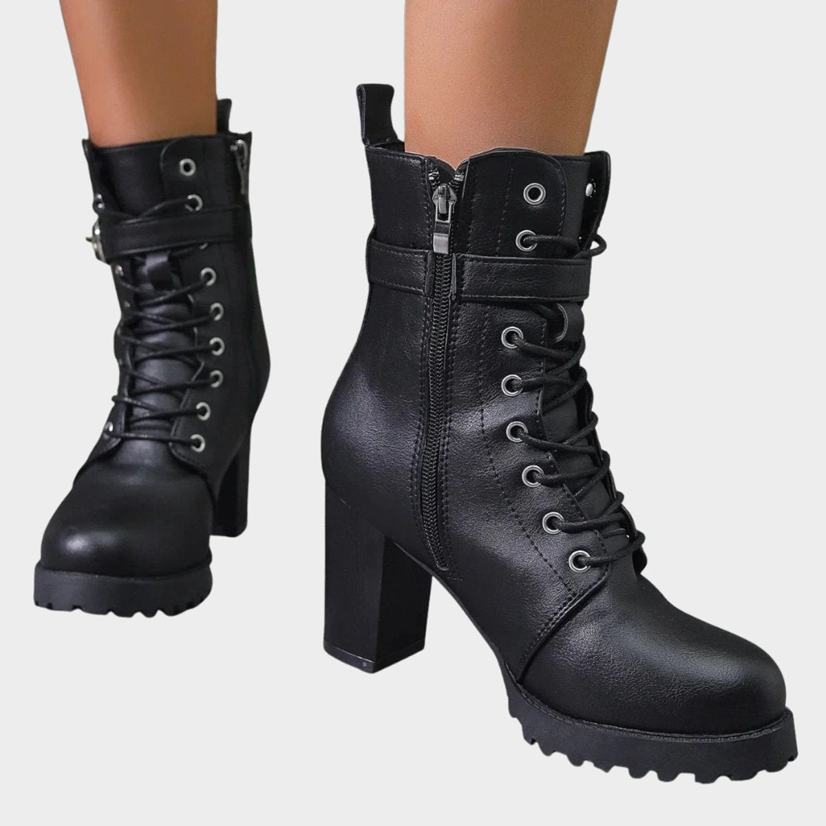 Womens Lace Up Block Heel Combat Ankle Boots Buckle Strap Shoes - Back View | Lavisa