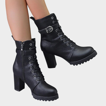 Womens Lace Up Block Heel Combat Ankle Boots Buckle Strap Shoes - Close-Up Texture & Detail | Lavisa