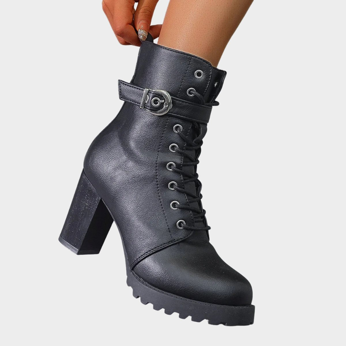 Womens Lace Up Block Heel Combat Ankle Boots Buckle Strap Shoes - Sole & Material View | Lavisa