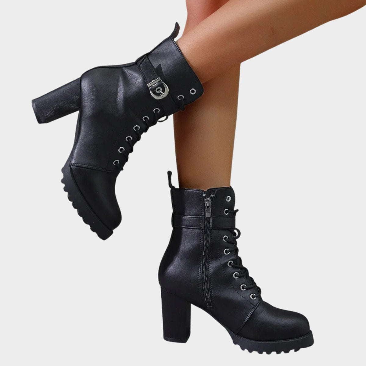 Womens Lace Up Block Heel Combat Ankle Boots Buckle Strap Shoes - Lifestyle & Model Angle | Lavisa