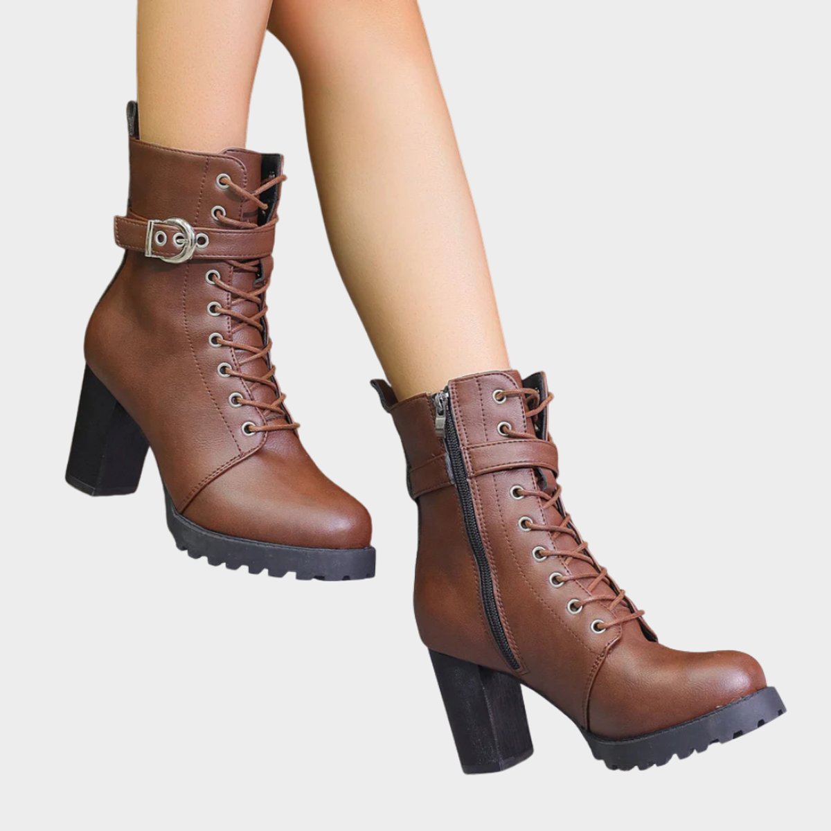 Womens Lace Up Block Heel Combat Ankle Boots Buckle Strap Shoes - Variant Angle | Lavisa