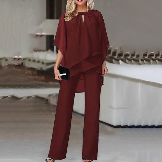 Lavisa - Women's Layered Chiffon Wide Leg Pants Two-Piece Set