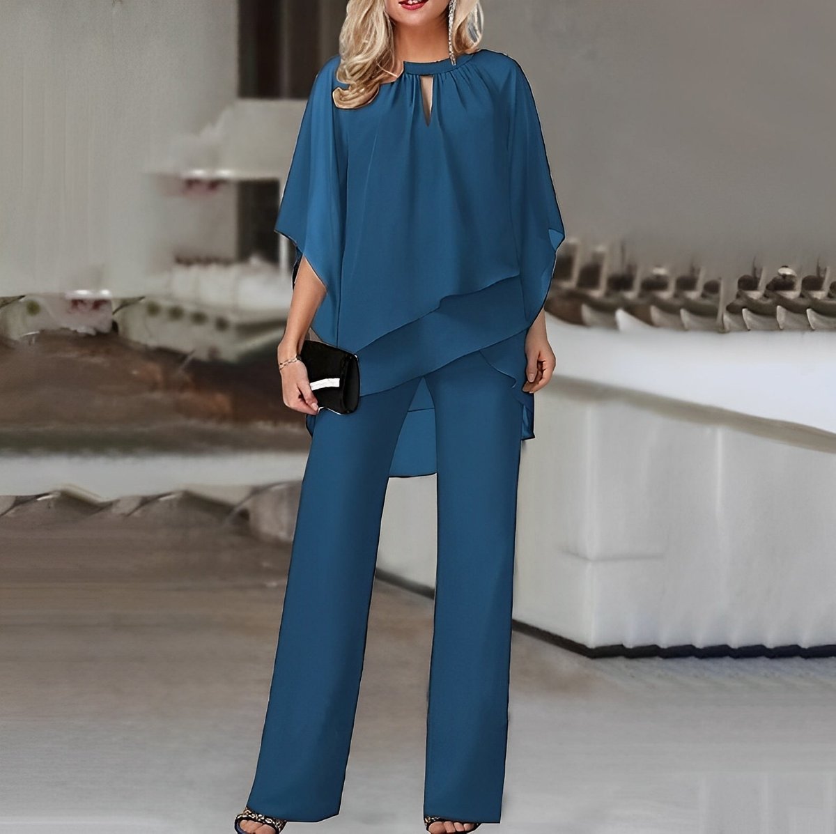Women's Layered Chiffon Wide Leg Pants Two-Piece Set - Side Angle | Lavisa