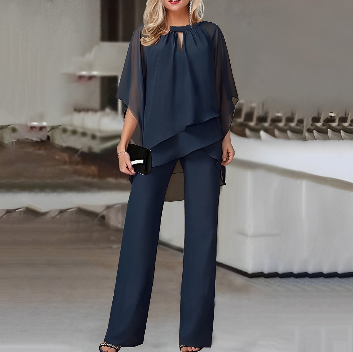Women's Layered Chiffon Wide Leg Pants Two-Piece Set - Back View | Lavisa