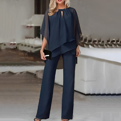 Women's Layered Chiffon Wide Leg Pants Two-Piece Set - Back View | Lavisa
