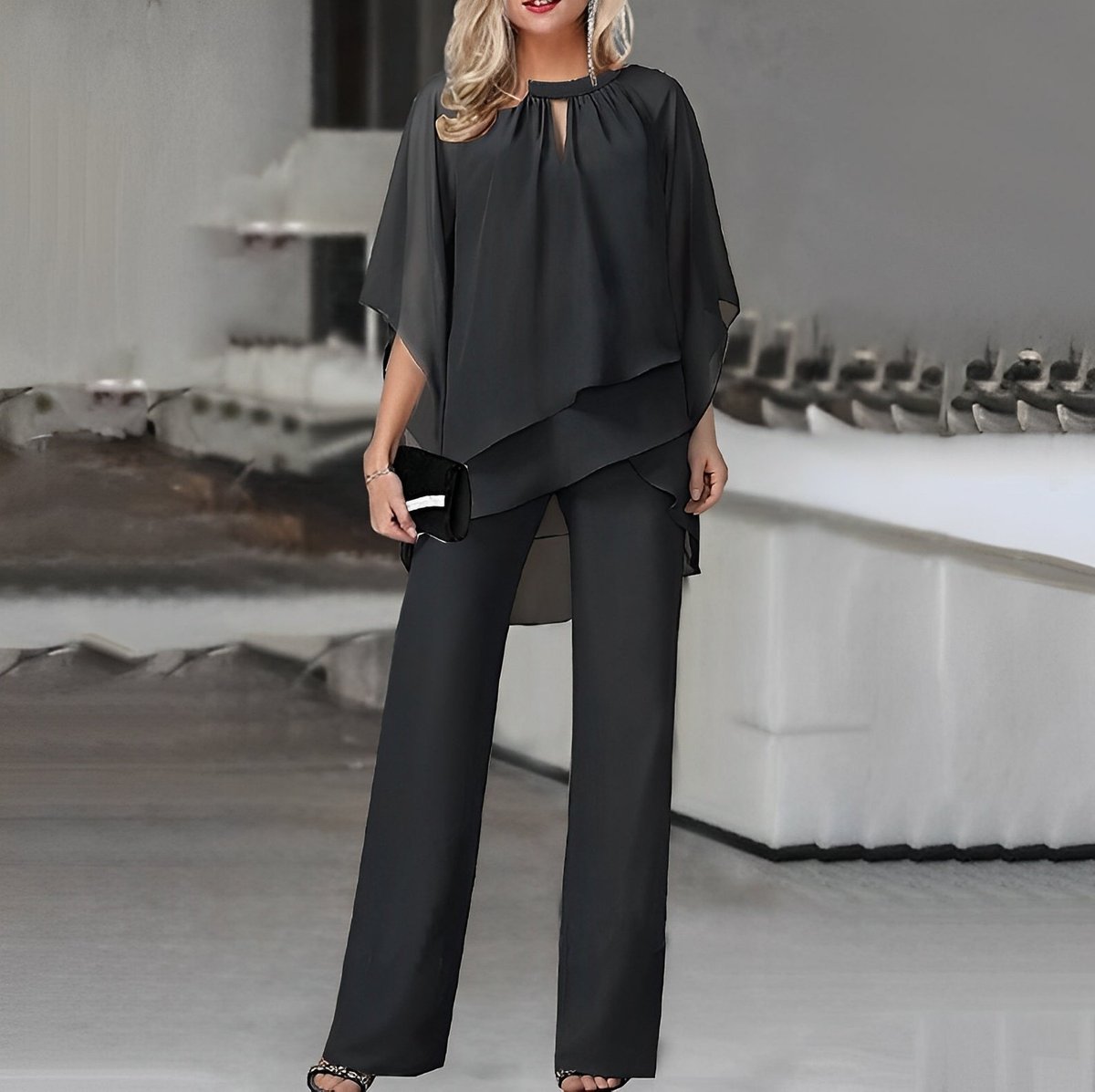 Women's Layered Chiffon Wide Leg Pants Two-Piece Set - Close-Up Texture & Detail | Lavisa