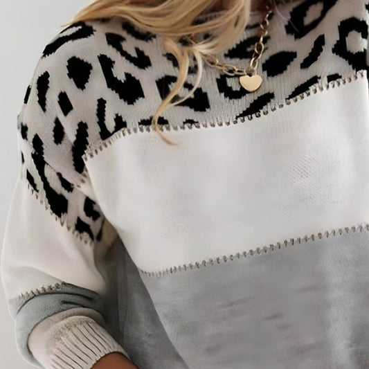 Lavisa - Women's Leopard Print Colour Block Knit Pullover Sweater