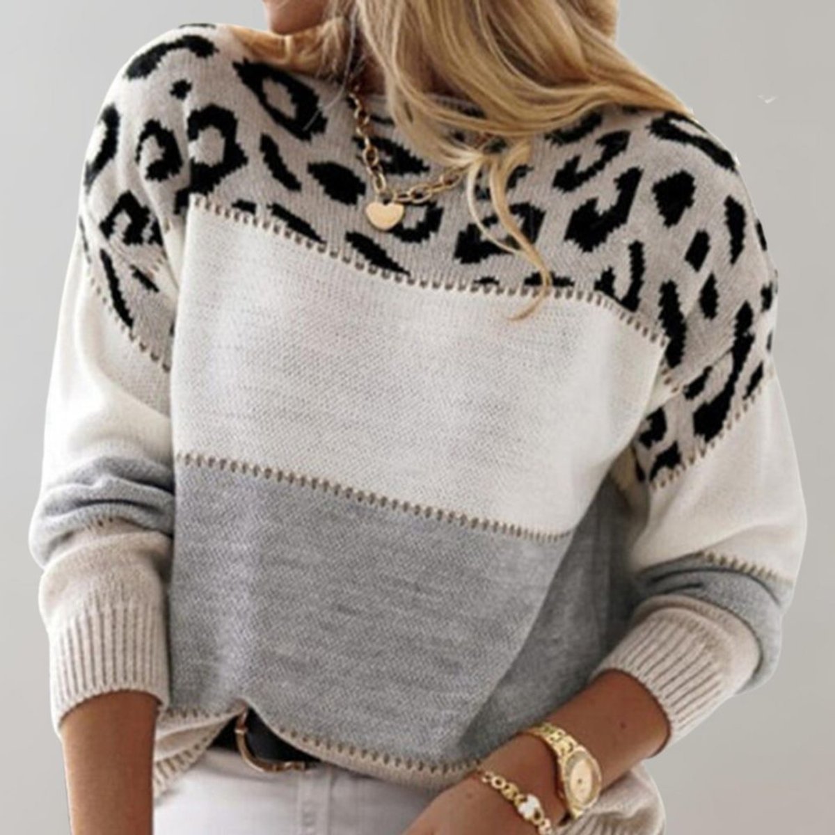 Women's Leopard Print Colour Block Knit Pullover Sweater - Back View | Lavisa