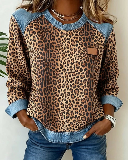 Lavisa - Women's Leopard Print Denim Patchwork Long Sleeve Sweater