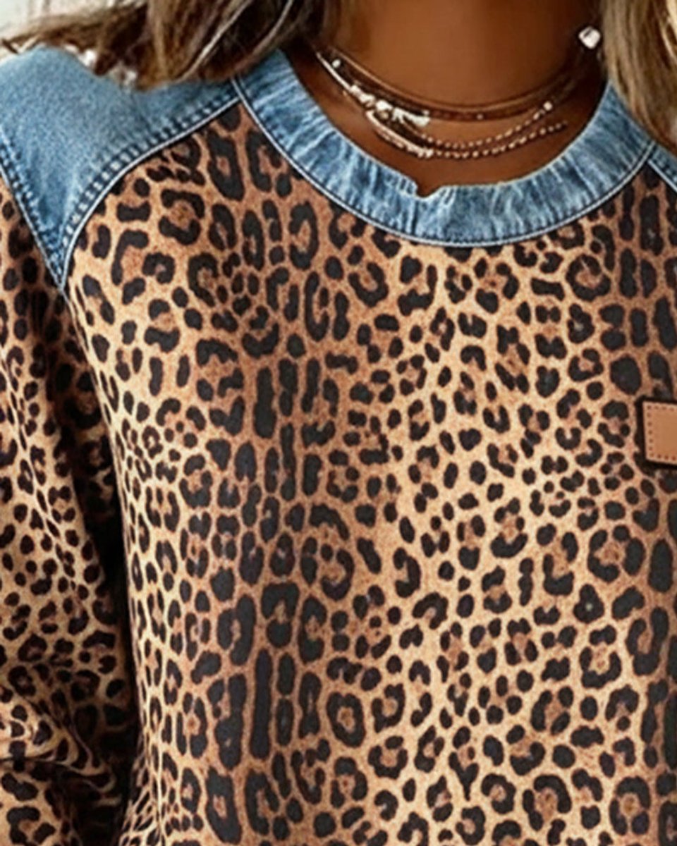 Women's Leopard Print Denim Patchwork Long Sleeve Sweater - Side Angle | Lavisa