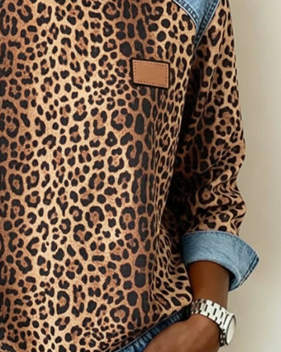 Women's Leopard Print Denim Patchwork Long Sleeve Sweater - Back View | Lavisa