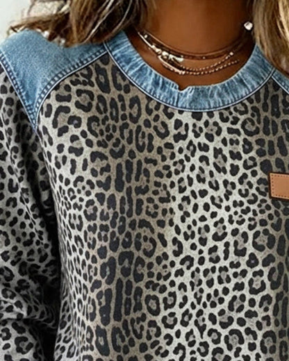 Women's Leopard Print Denim Patchwork Long Sleeve Sweater - Sole & Material View | Lavisa