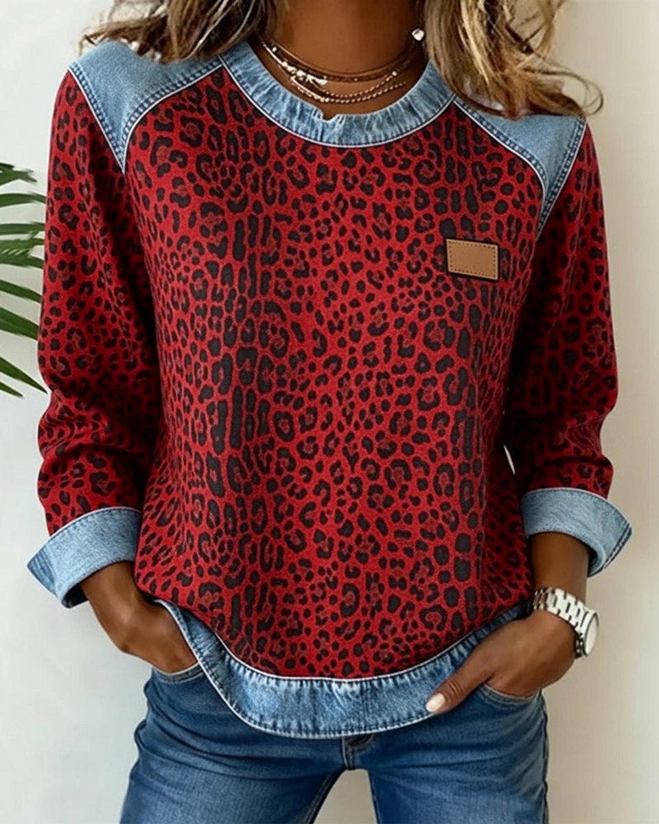 Women's Leopard Print Denim Patchwork Long Sleeve Sweater - Variant Angle | Lavisa