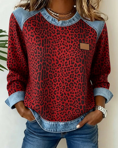 Women's Leopard Print Denim Patchwork Long Sleeve Sweater - Variant Angle | Lavisa